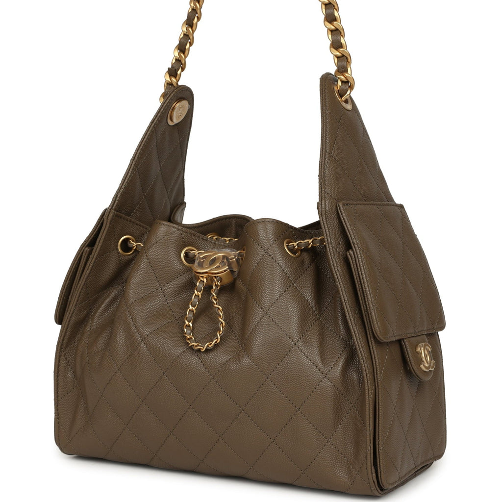 Chanel Small 25 Hobo Bag Dark Khaki Caviar Antique Gold Hardware