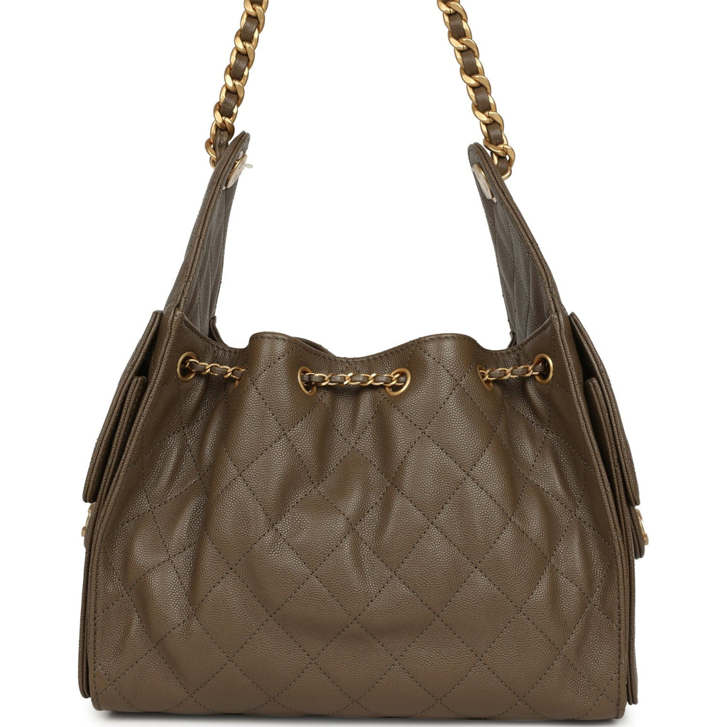Chanel Small 25 Hobo Bag Dark Khaki Caviar Antique Gold Hardware