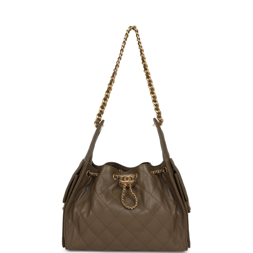 Chanel Small 25 Hobo Bag Dark Khaki Caviar Antique Gold Hardware