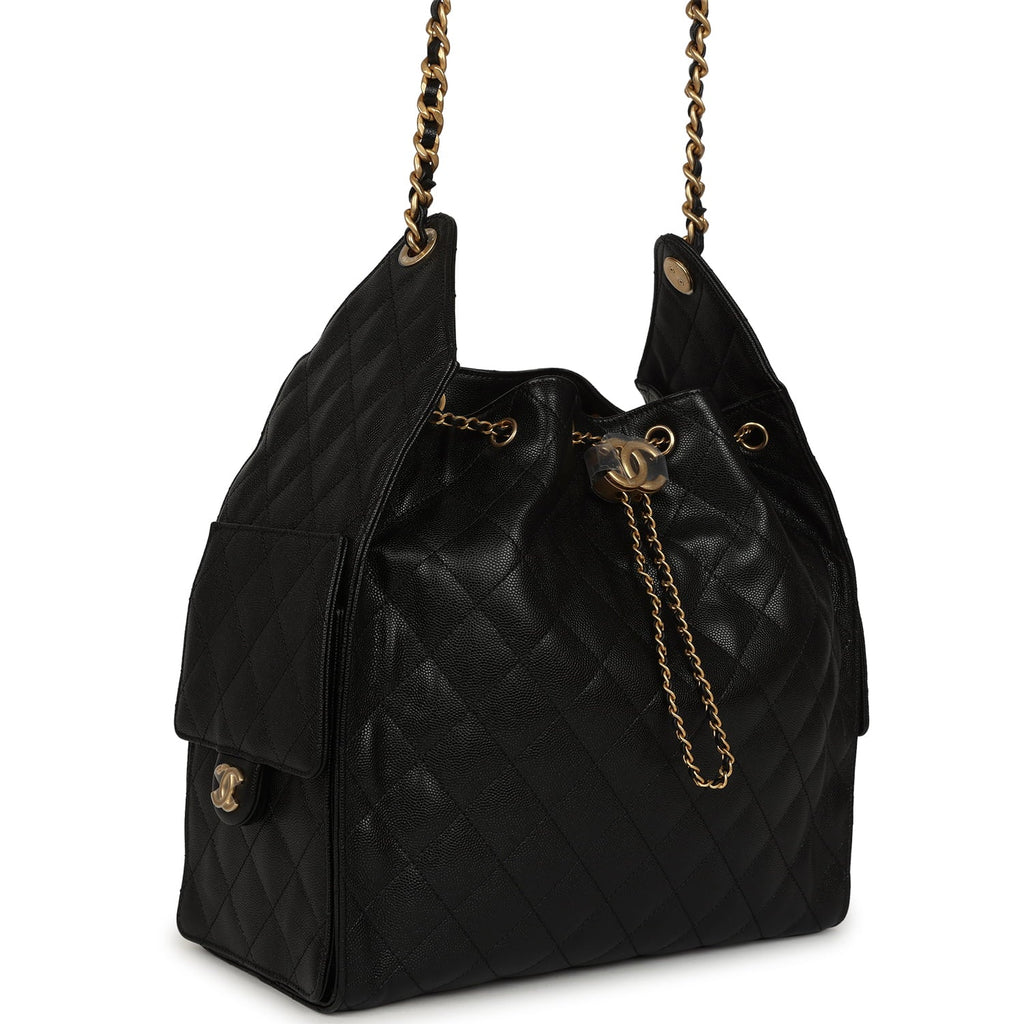 Chanel Medium 25 Hobo Bag Black Caviar Antique Gold Hardware