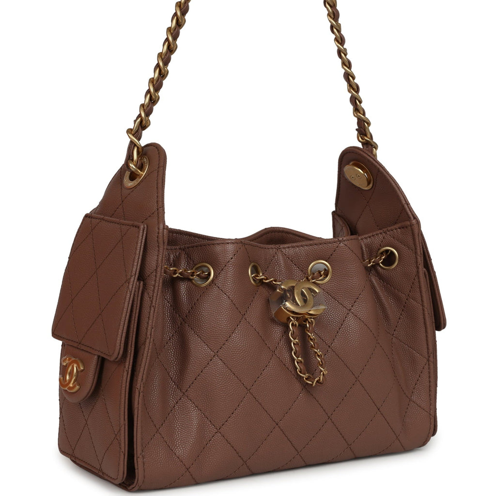 Chanel Mini 25 Hobo Bag Brown Caviar Antique Gold Hardware