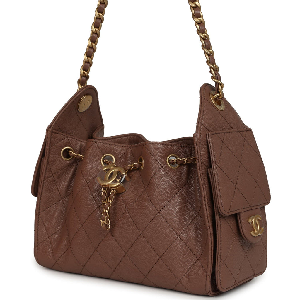 Chanel Mini 25 Hobo Bag Brown Caviar Antique Gold Hardware