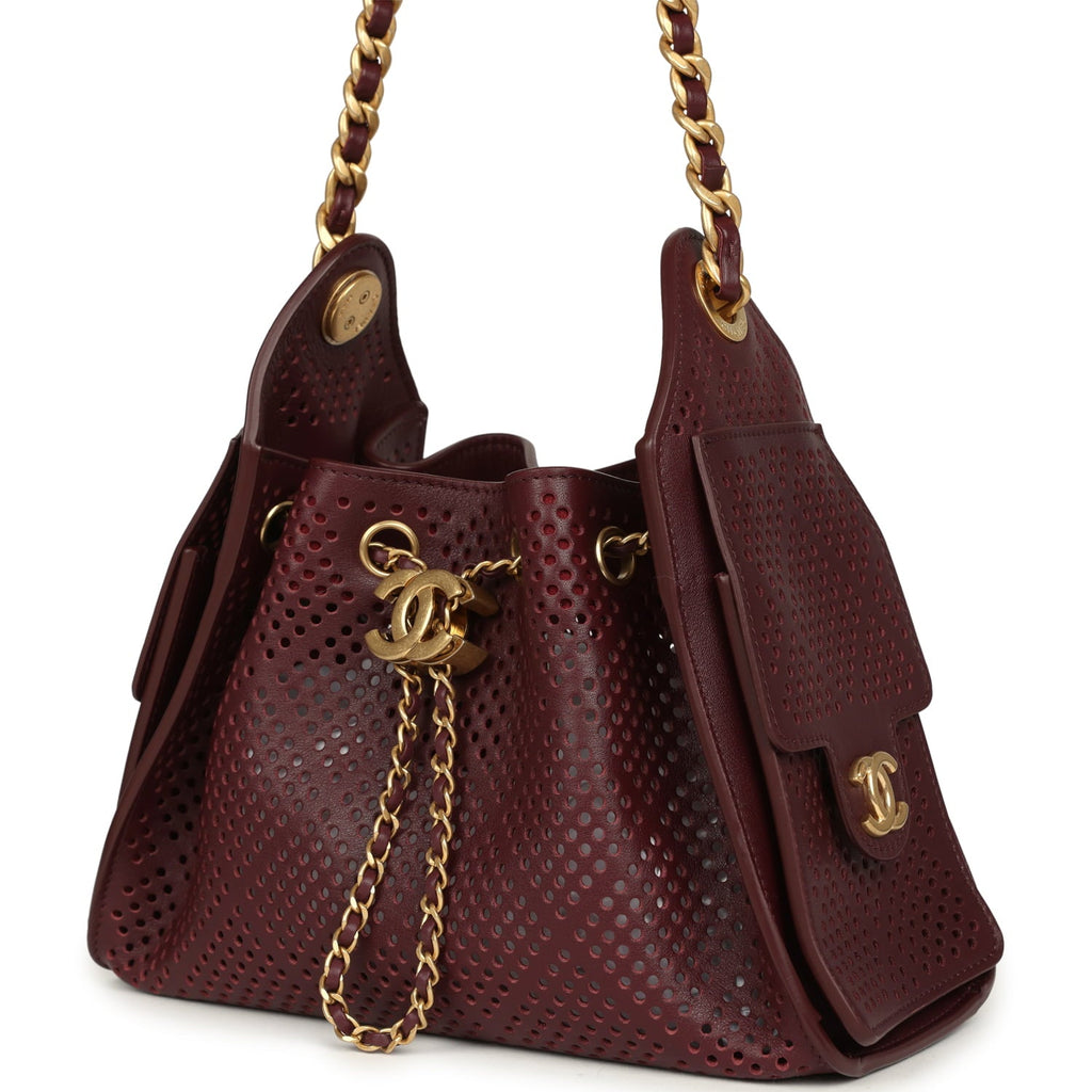 Chanel Mini 25 Hobo Bag Dark Burgundy Perforated Calfskin Antique Gold Hardware