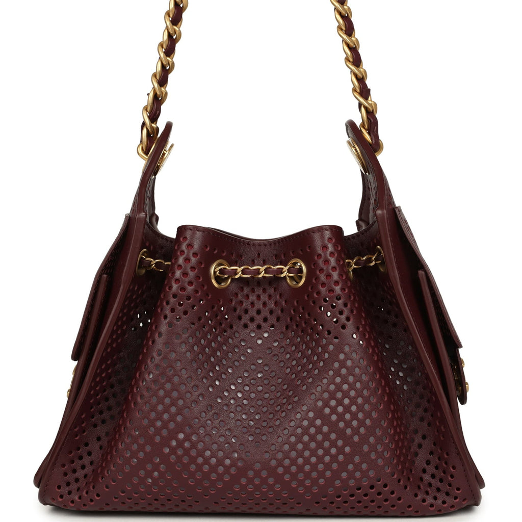 Chanel Mini 25 Hobo Bag Dark Burgundy Perforated Calfskin Antique Gold Hardware