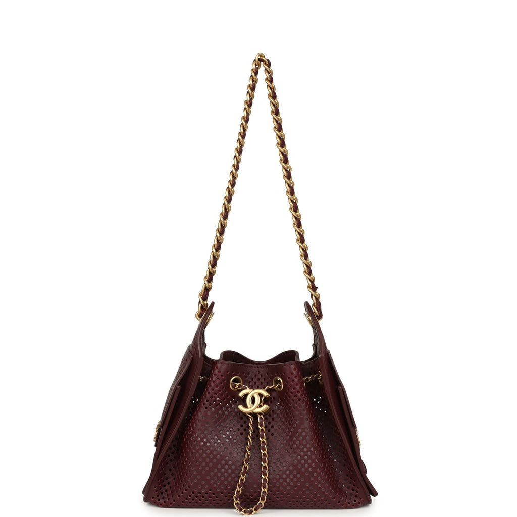 Chanel Mini 25 Hobo Bag Dark Burgundy Perforated Calfskin Antique Gold Hardware