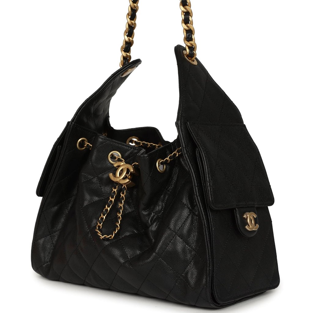 Pre-owned Chanel Small 25 Hobo Bag Black Caviar Antique Gold Hardware