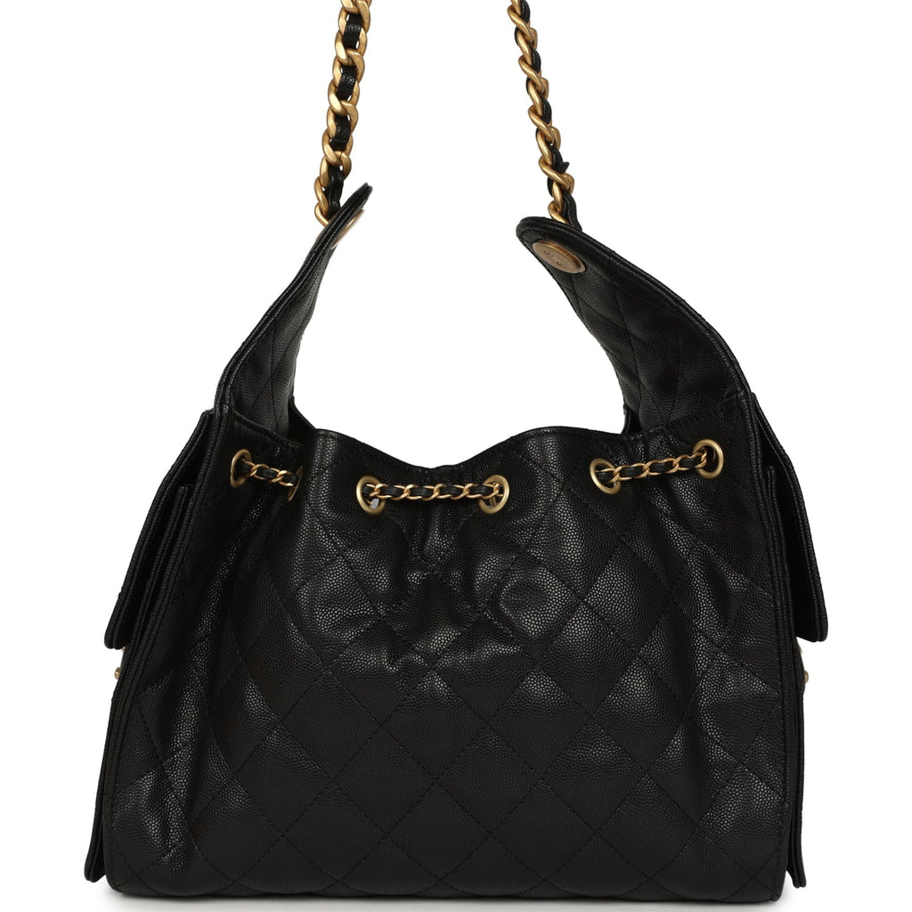 Pre-owned Chanel Small 25 Hobo Bag Black Caviar Antique Gold Hardware