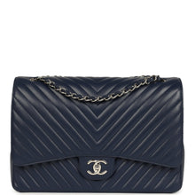 Load image into Gallery viewer, Chanel Maxi Classic Chevron Double Flap Bag Dark Blue Caviar Silver Hardware