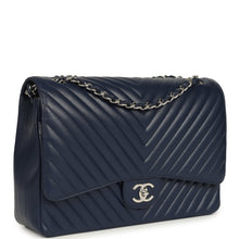 Load image into Gallery viewer, Chanel Maxi Classic Chevron Double Flap Bag Dark Blue Caviar Silver Hardware