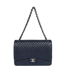 Load image into Gallery viewer, Chanel Maxi Classic Chevron Double Flap Bag Dark Blue Caviar Silver Hardware