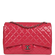 Load image into Gallery viewer, Pre-owned Chanel Maxi Classic Double Flap Bag Dark Pink Patent Silver Hardware