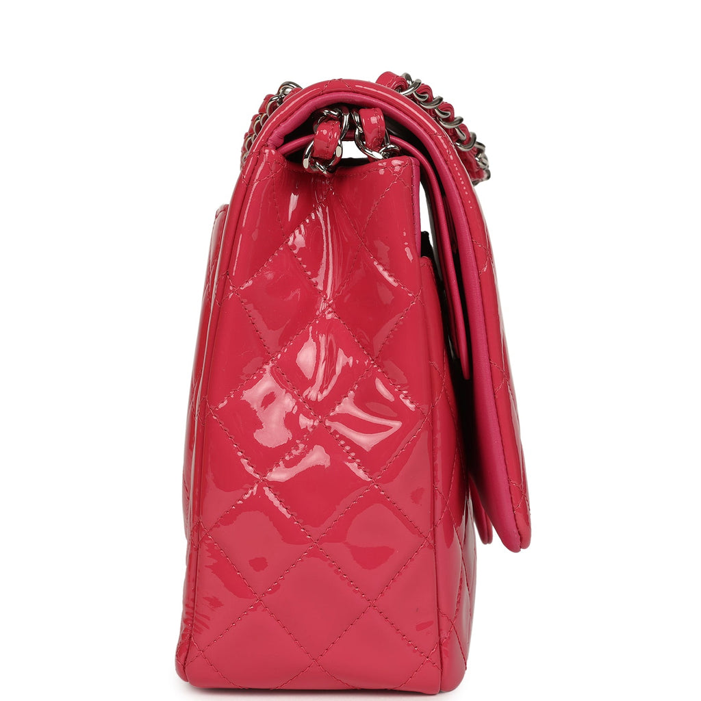 Pre-owned Chanel Maxi Classic Double Flap Bag Dark Pink Patent Silver Hardware