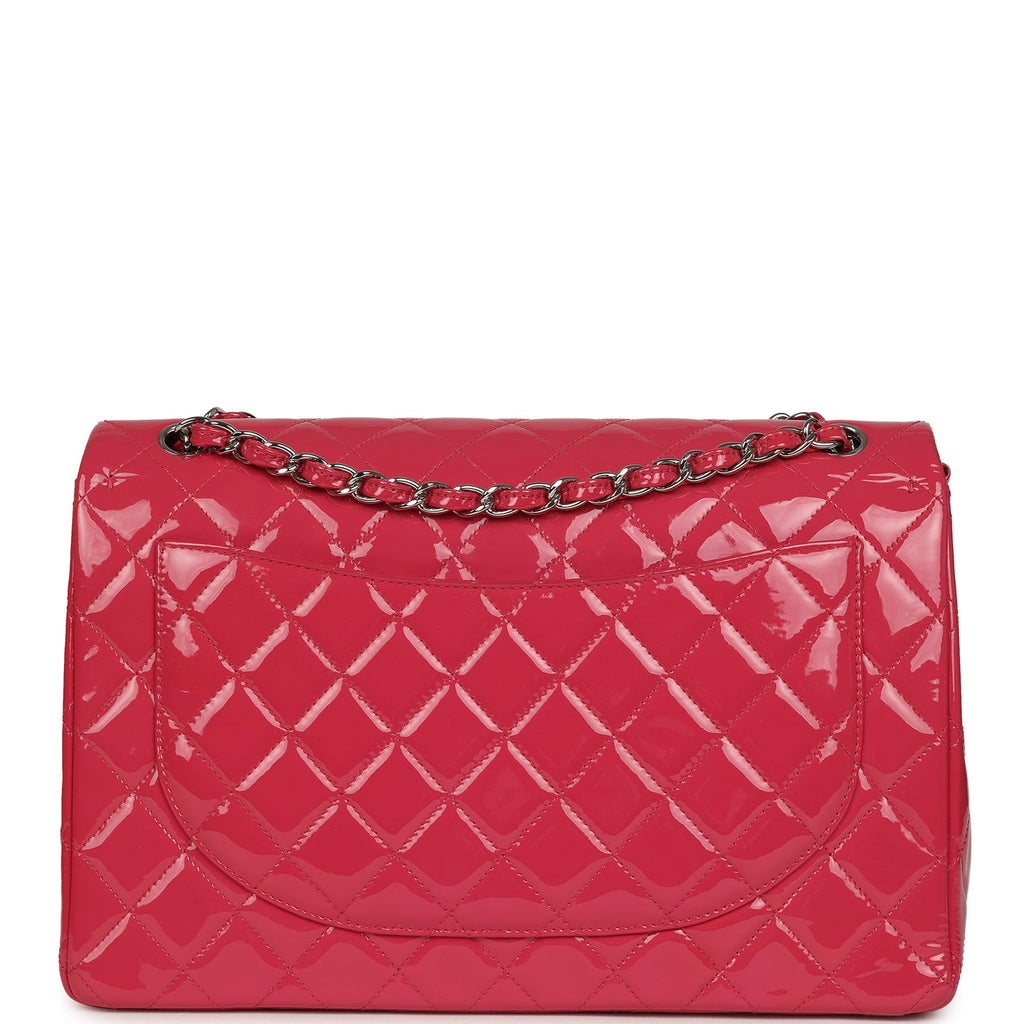 Pre-owned Chanel Maxi Classic Double Flap Bag Dark Pink Patent Silver Hardware