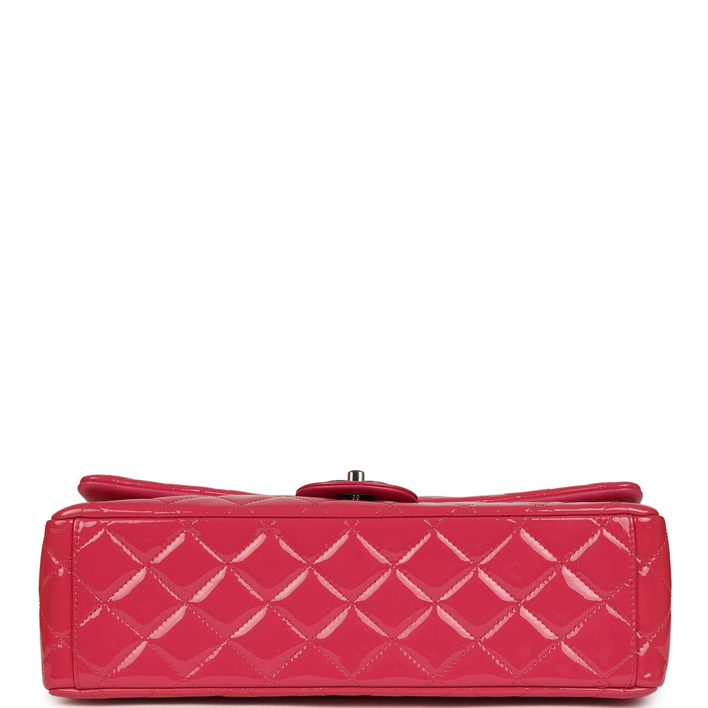Pre-owned Chanel Maxi Classic Double Flap Bag Dark Pink Patent Silver Hardware