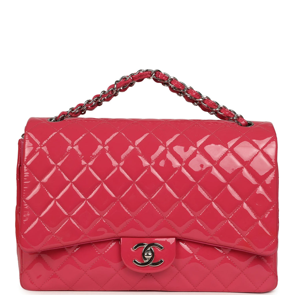 Pre-owned Chanel Maxi Classic Double Flap Bag Dark Pink Patent Silver Hardware