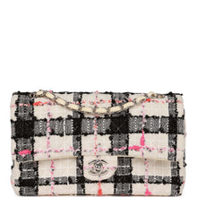 Load image into Gallery viewer, Pre-owned Chanel Medium Classic Double Flap Bag White, Black, and Pink Tweed Silver Hardware
