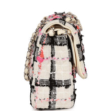 Load image into Gallery viewer, Pre-owned Chanel Medium Classic Double Flap Bag White, Black, and Pink Tweed Silver Hardware