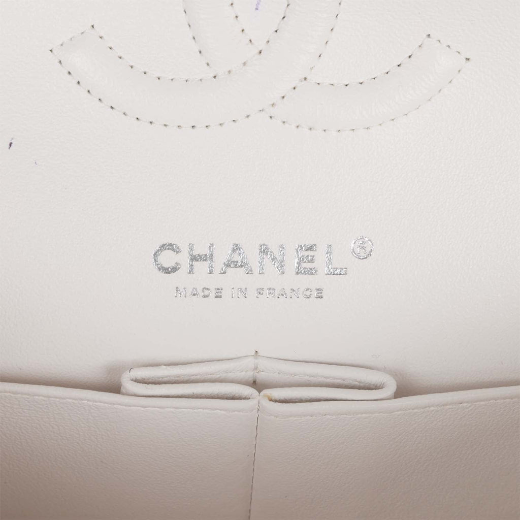 Pre-owned Chanel Medium Classic Double Flap Bag White, Black, and Pink Tweed Silver Hardware