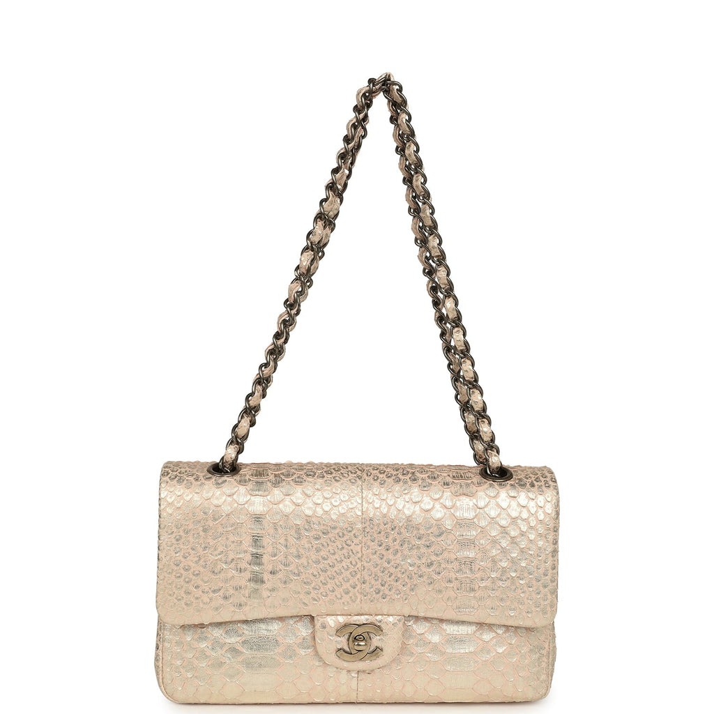 Pre-owned Chanel Medium Classic Double Flap Bag Light Pink, Silver Python Aged Bronze Hardware
