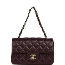 Load image into Gallery viewer, Chanel Mini Classic Rectangular Flap Bag Burgundy Shiny Lambskin Light Gold Hardware