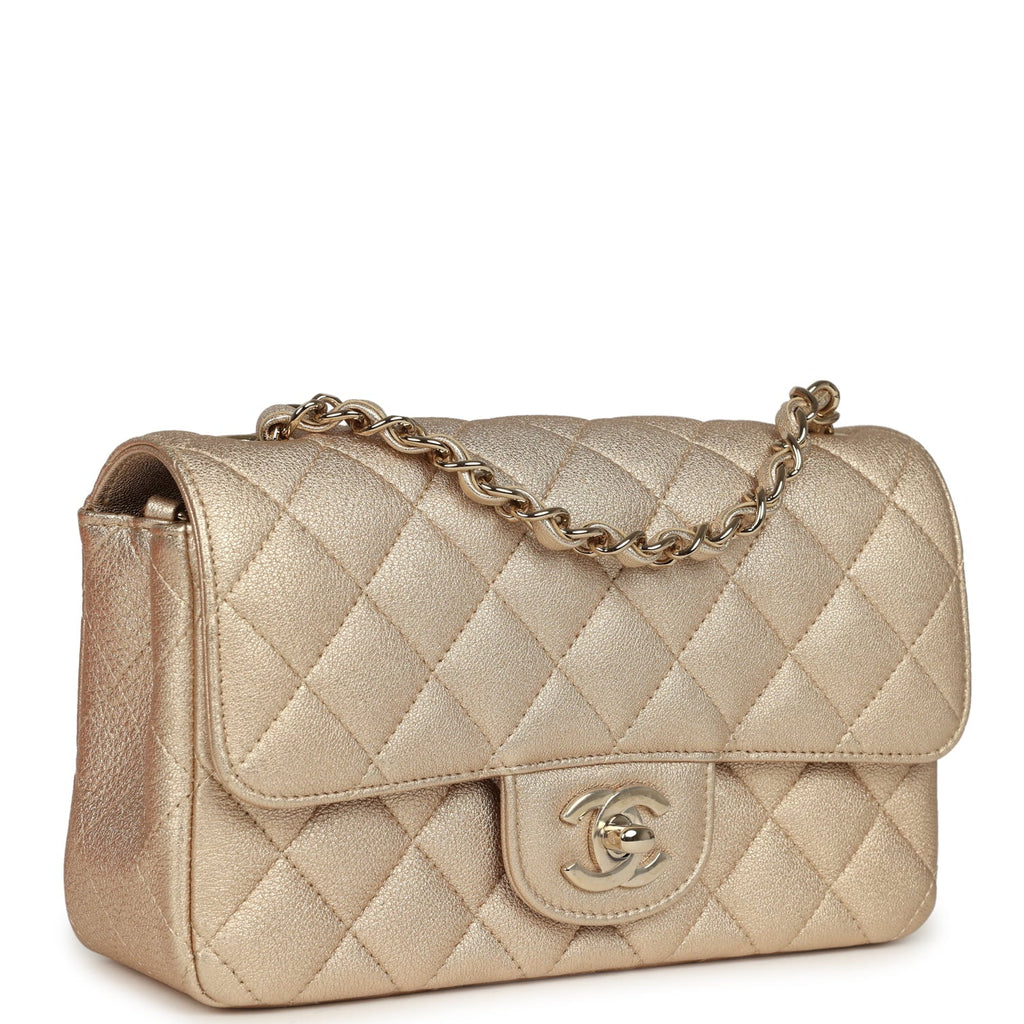 Chanel Mini Classic Rectangular Flap Bag Gold Grained Lambskin Caviar Light Gold Hardware