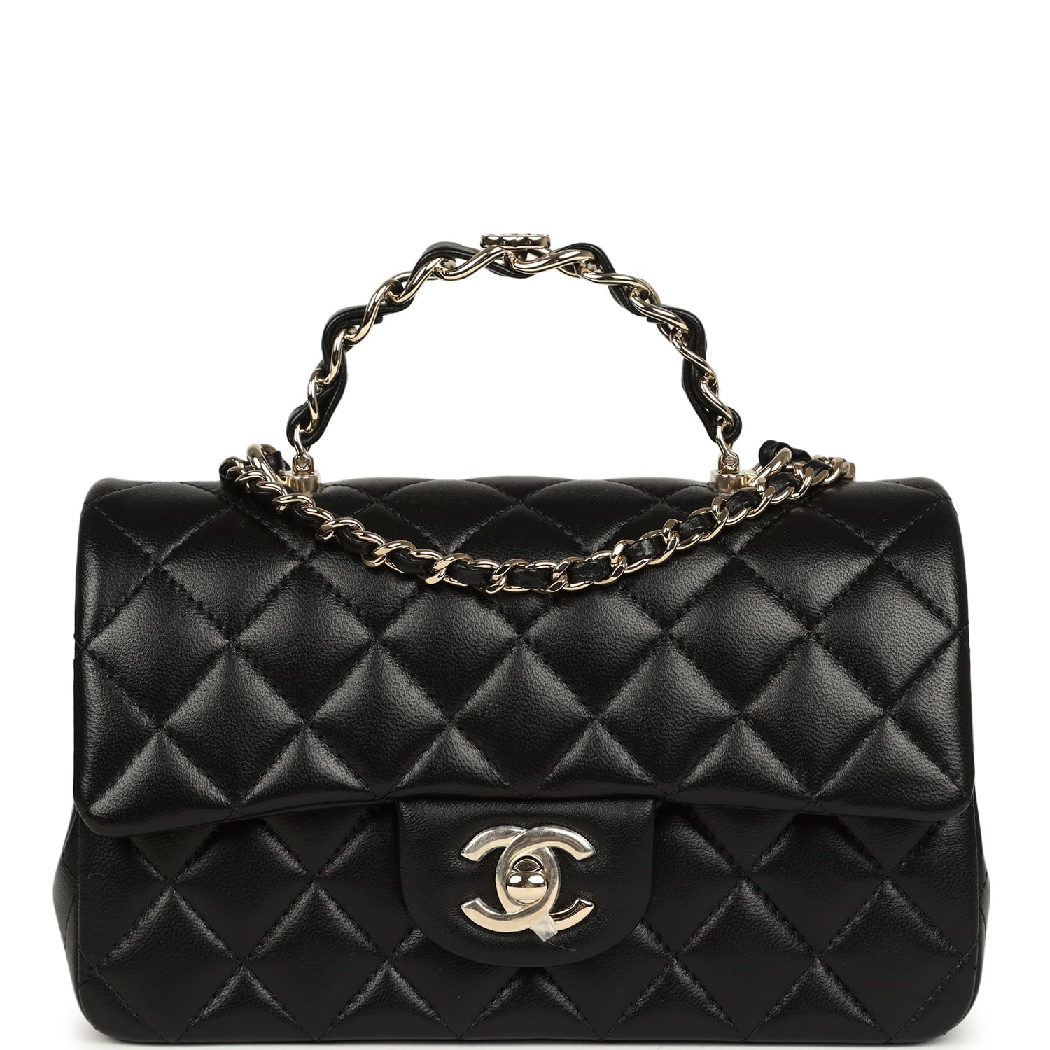 Chanel Mini Classic Rectangular Top Handle Flap Bag Black Lambskin Light Gold Hardware
