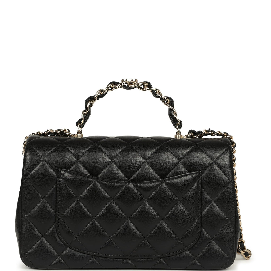 Chanel Mini Classic Rectangular Top Handle Flap Bag Black Lambskin Light Gold Hardware