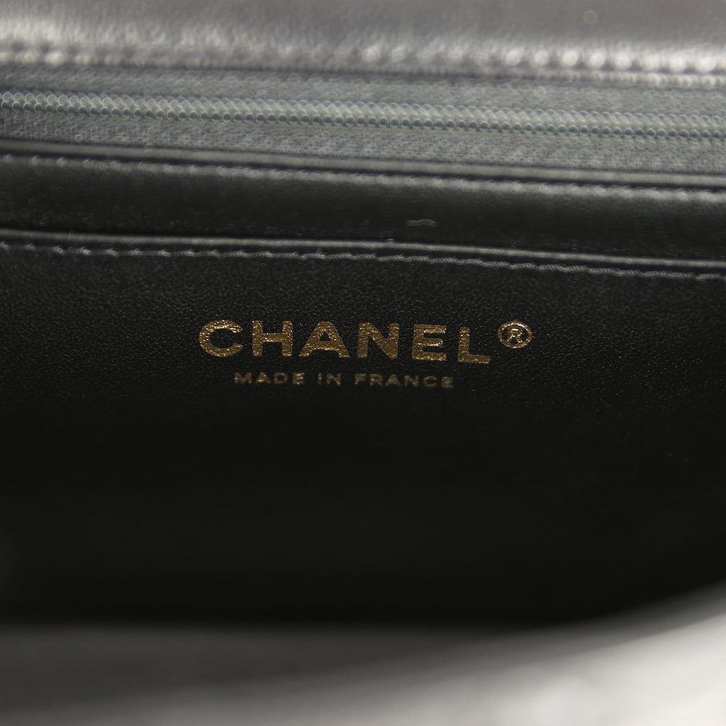 Chanel Mini Classic Rectangular Top Handle Flap Bag Black Lambskin Light Gold Hardware