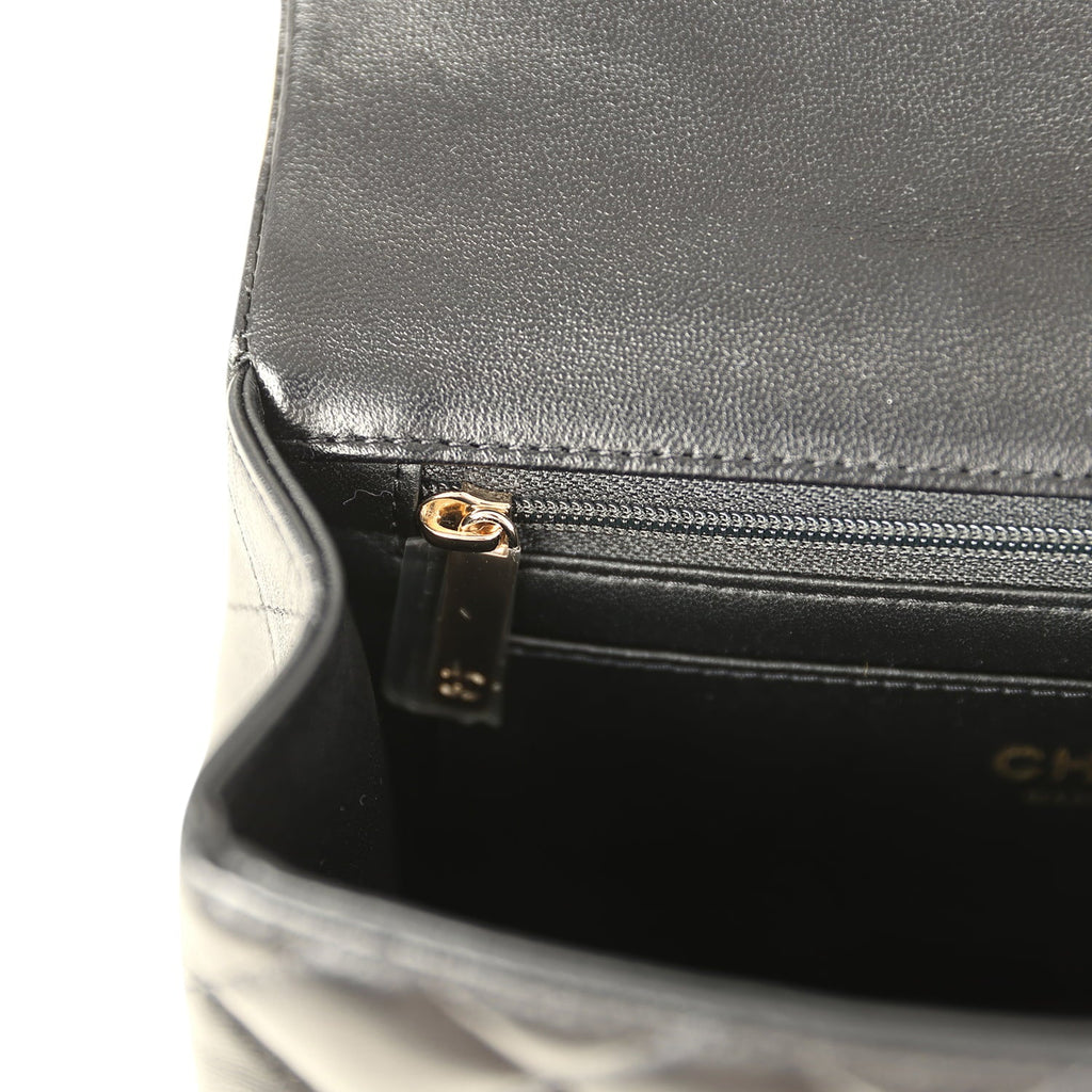 Chanel Mini Classic Rectangular Top Handle Flap Bag Black Lambskin Light Gold Hardware