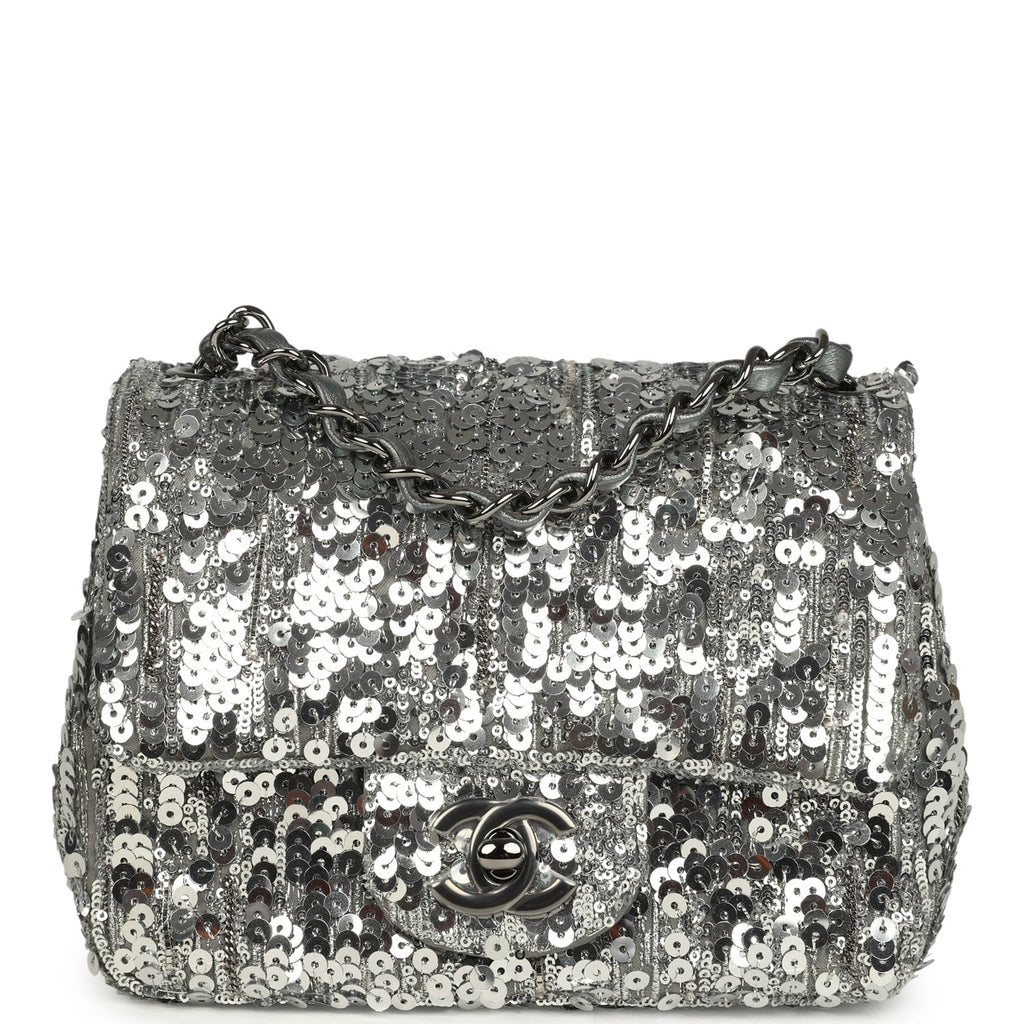 Chanel Mini Classic Square Flap Bag Metallic Silver Sequins Ruthenium Hardware