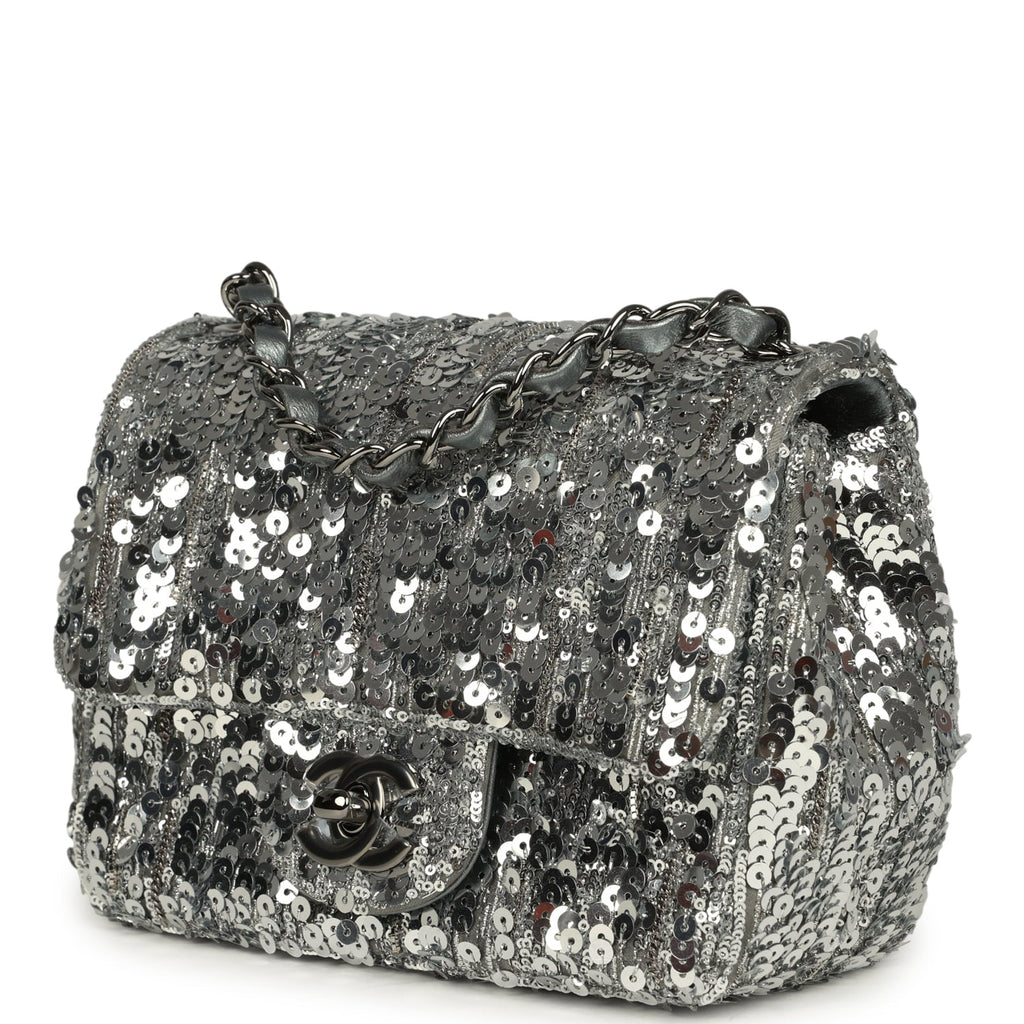 Chanel Mini Classic Square Flap Bag Metallic Silver Sequins Ruthenium Hardware