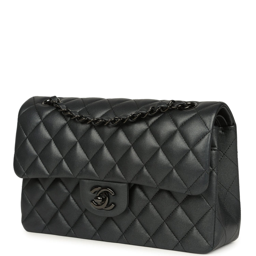 Pre-owned Chanel Small Classic Double Flap Bag So Black Iridescent Lambskin Black Hardware