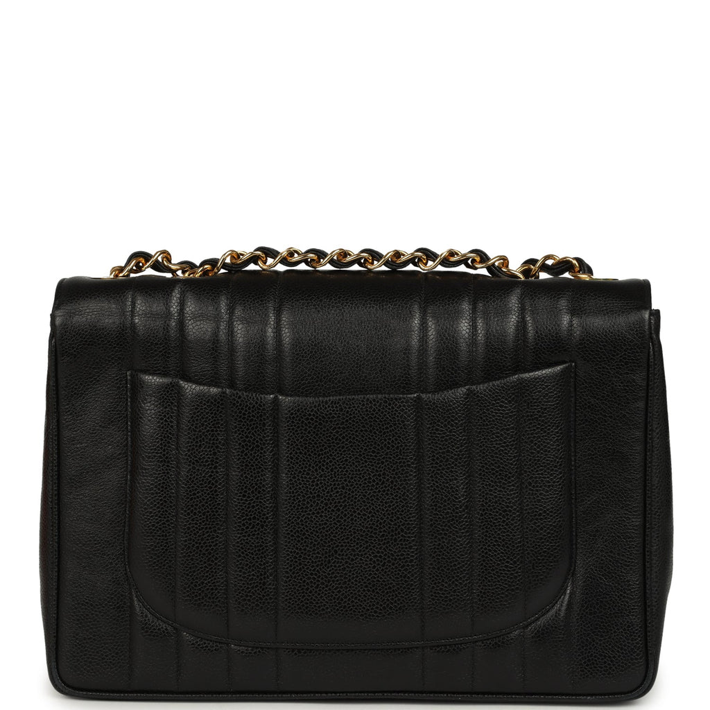 Vintage Chanel Jumbo Classic Mademoiselle Vertical Flap Black Caviar Gold Hardware