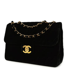 Load image into Gallery viewer, Vintage Chanel XL Classic Chevron Single Flap Bag Black Velvet Gold Hardware