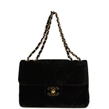 Load image into Gallery viewer, Vintage Chanel XL Classic Chevron Single Flap Bag Black Velvet Gold Hardware