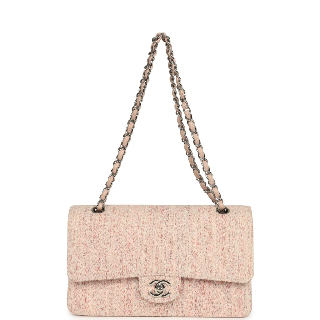 Vintage Chanel Medium Classic Double Flap Bag Light Pink and White Tweed Silver Hardware