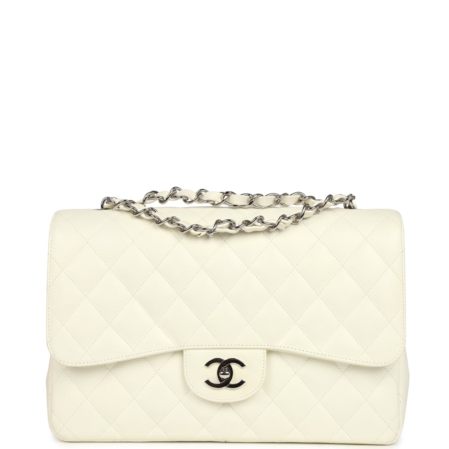 Vintage Chanel Classic Jumbo Single Flap Bag White Caviar Silver Hardware