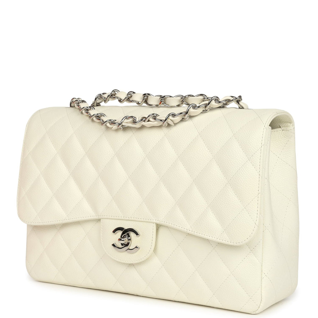 Vintage Chanel Classic Jumbo Single Flap Bag White Caviar Silver Hardware