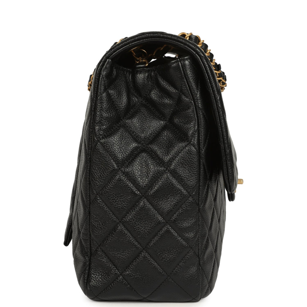 Chanel XXL Classic Single Travel Flap Bag Black Shiny Aged Calfskin Brushed Gold Hardware