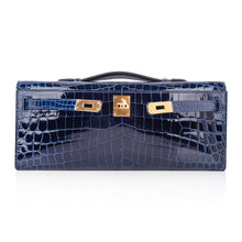 Load image into Gallery viewer, Kelly Cut Blue Sapphire Crocodile Clutch Bag Gold Hardware