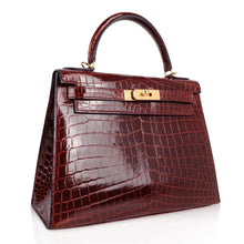 Load image into Gallery viewer, Kelly 28 Bag Sellier Bourgogne Red Navy Contour Crocodile Gold Hardware
