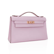 Load image into Gallery viewer, Kelly Pochette Clutch Bag Mauve Sylvestre Swift Leather with Rose Gold Hardware