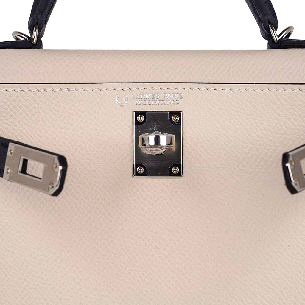 Special Order HSS Mini Kelly 20 Bag Sellier Craie & Blue Indigo Epsom Leather with Palladium Hardware