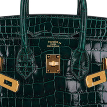 Load image into Gallery viewer, Birkin 25 Bag Sellier Vert Fonce Porosus Crocodile Bag with Gold Hardware