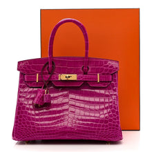 Load image into Gallery viewer, Birkin 30 Rose Pourpre Shiny Niloticus Crocodile Gold Hardware