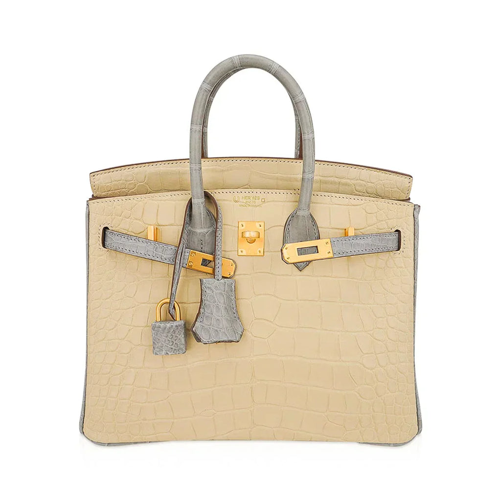 Special Order HSS Birkin 25 Bag in Matte Alligator Vanille and Gris Pearl Alligator with Brushed Gold Hardware