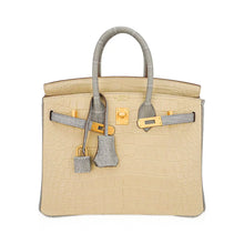 Load image into Gallery viewer, Special Order HSS Birkin 25 Bag in Matte Alligator Vanille and Gris Pearl Alligator with Brushed Gold Hardware