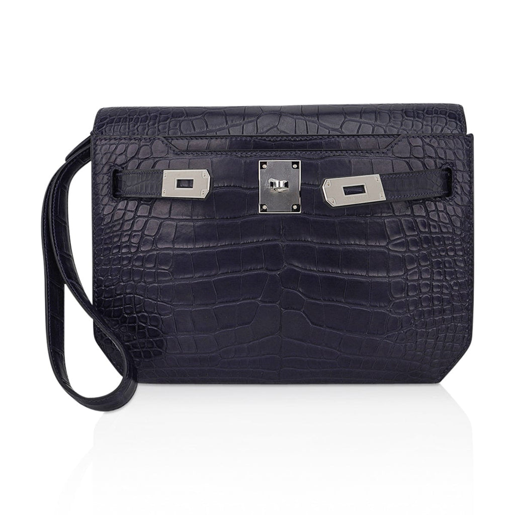 Kelly Depeches 25 Pouch Blue Indigo Matte Alligator with Palladium Hardware
