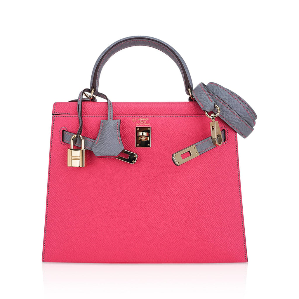 Kelly Sellier 25 HSS Bag Rose Azalee/Gris Mouette Leather Permabrass