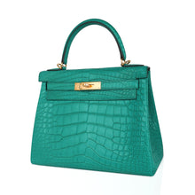 Load image into Gallery viewer, Kelly 28 Bag Vert Jade Matte Alligator Gold Hardware
